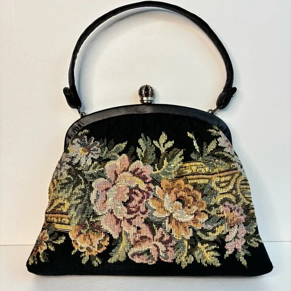 Vintage 1950’s Harry Levine Jewel Kiss Clasp Floral Tapestry Purse Leather Strap - Picture 2 of 16